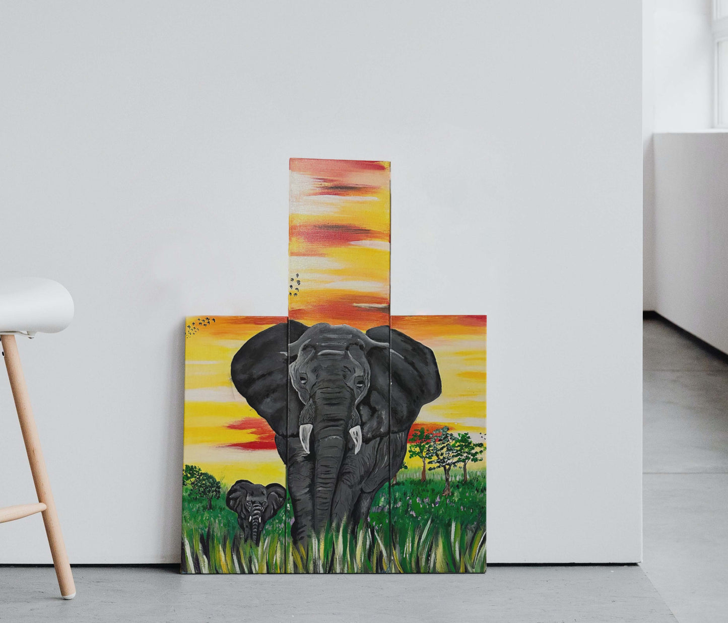 Elephant Family Acrylic Painting on Canvas Triptych